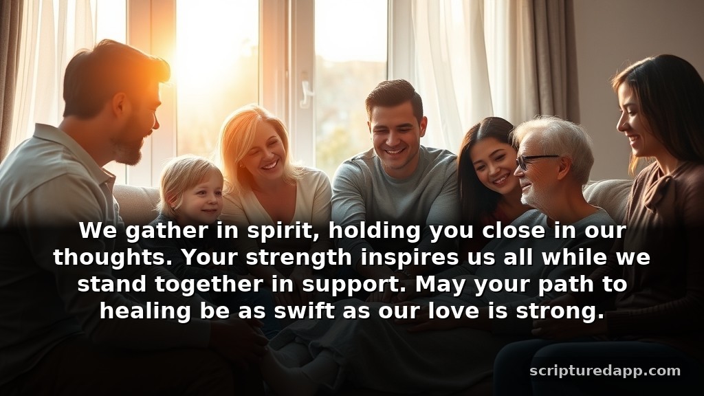 Speedy Recovery Prayer Message for Family: We gather in spirit, holding you close in our thoughts. Your strength inspires us all while we stand together in support. May your path to healing be as swift as our love is strong.