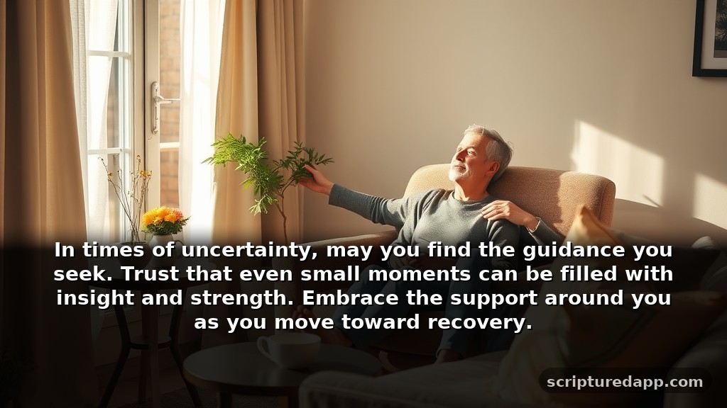 Speedy Recovery Prayer Message for Guidance: In times of uncertainty, may you find the guidance you seek. Trust that even small moments can be filled with insight and strength. Embrace the support around you as you move toward recovery.