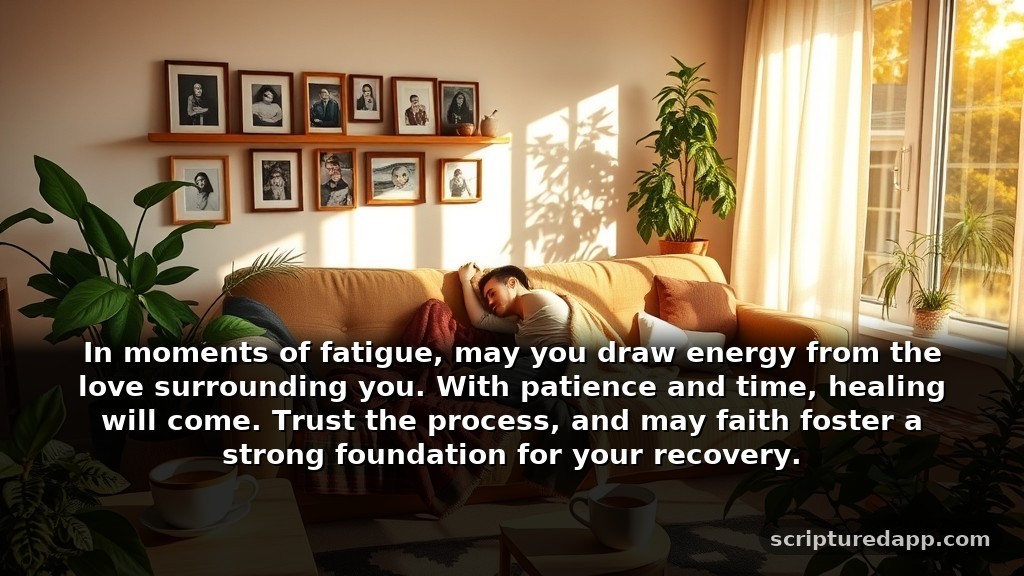 Speedy Recovery Prayer Message for Healing: In moments of fatigue, may you draw energy from the love surrounding you. With patience and time, healing will come. Trust the process, and may faith foster a strong foundation for your recovery.