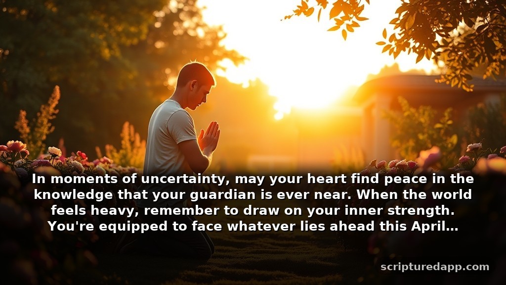Heartfelt April Prayers and Blessings for Protection: In moments of uncertainty, may your heart find peace in the knowledge that your guardian is ever near. When the world feels heavy, remember to draw on your inner strength. You're equipped to face whatever lies ahead this April.