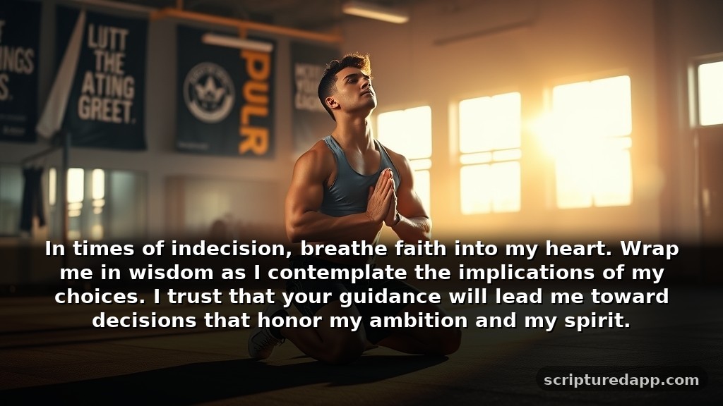 Motivational Athletes Prayer for Guidance in Tough Decisions: In times of indecision, breathe faith into my heart. Wrap me in wisdom as I contemplate the implications of my choices. I trust that your guidance will lead me toward decisions that honor my ambition and my spirit.
