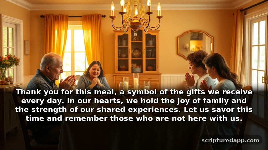Heartfelt Catholic Dinner Prayers of Gratitude: Thank you for this meal, a symbol of the gifts we receive every day. In our hearts, we hold the joy of family and the strength of our shared experiences. Let us savor this time and remember those who are not here with us.