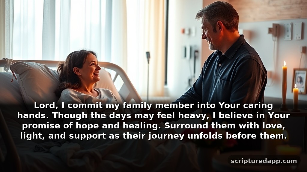 Traditional Catholic Prayer for Sick Family Member: Lord, I commit my family member into Your caring hands. Though the days may feel heavy, I believe in Your promise of hope and healing. Surround them with love, light, and support as their journey unfolds before them.