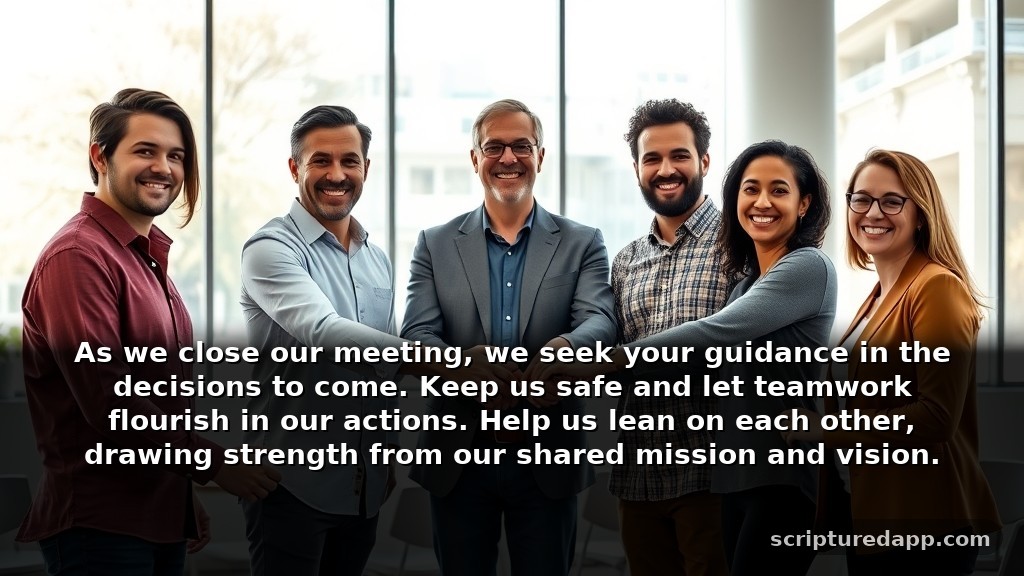 Short Closing Prayer for Meeting Focused on Protection: As we close our meeting, we seek your guidance in the decisions to come. Keep us safe and let teamwork flourish in our actions. Help us lean on each other, drawing strength from our shared mission and vision.