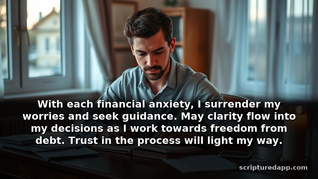Heartfelt Daily Effective Prayer for Debt Cancellation Seeking Guidance in Tough Times: With each financial anxiety, I surrender my worries and seek guidance. May clarity flow into my decisions as I work towards freedom from debt. Trust in the process will light my way.