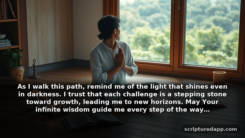 Heartfelt Encouragement Prayer Strength for Guidance: As I walk this path, remind me of the light that shines even in darkness. I trust that each challenge is a stepping stone toward growth, leading me to new horizons. May Your infinite wisdom guide me every step of the way.