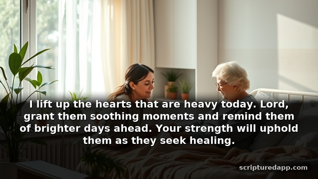 Short Encouragement Prayer Strength for Healing: I lift up the hearts that are heavy today. Lord, grant them soothing moments and remind them of brighter days ahead. Your strength will uphold them as they seek healing.