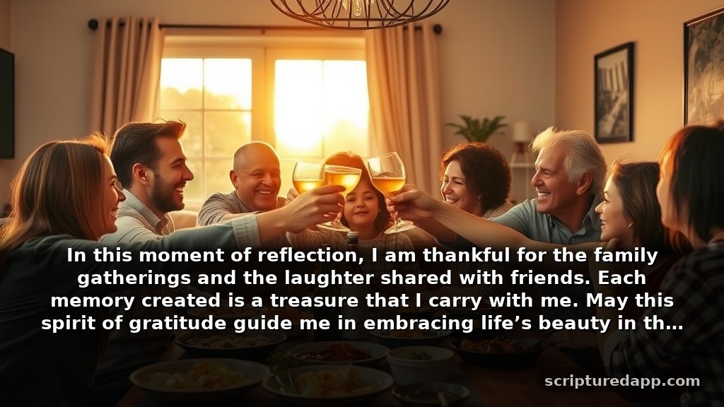 Heartfelt End of the Year Prayers for Gratitude: In this moment of reflection, I am thankful for the family gatherings and the laughter shared with friends. Each memory created is a treasure that I carry with me. May this spirit of gratitude guide me in embracing life’s beauty in the year ahead.