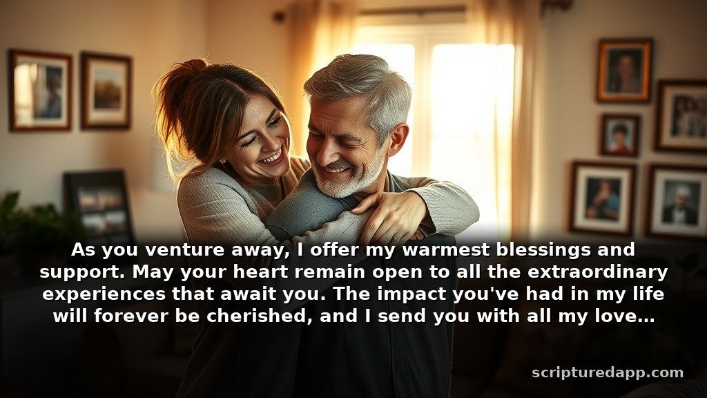 Heartfelt Farewell Blessings and Prayers for Loved Ones: As you venture away, I offer my warmest blessings and support. May your heart remain open to all the extraordinary experiences that await you. The impact you've had in my life will forever be cherished, and I send you with all my love.
