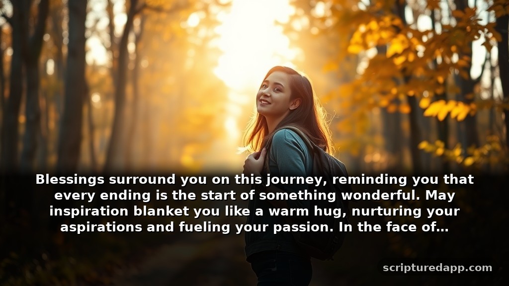 Inspirational Farewell Blessings and Prayers for Growth: Blessings surround you on this journey, reminding you that every ending is the start of something wonderful. May inspiration blanket you like a warm hug, nurturing your aspirations and fueling your passion. In the face of uncertainty, cherish the promise of progress that lies ahead.