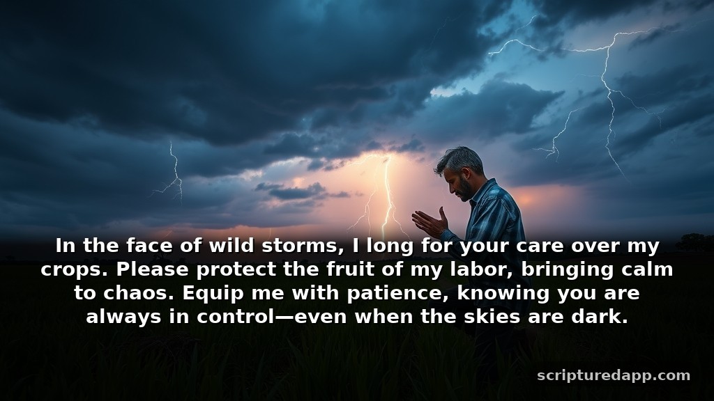 A Farmers Prayer for Protection from Storms and Natural Disasters: In the face of wild storms, I long for your care over my crops. Please protect the fruit of my labor, bringing calm to chaos. Equip me with patience, knowing you are always in control—even when the skies are dark.