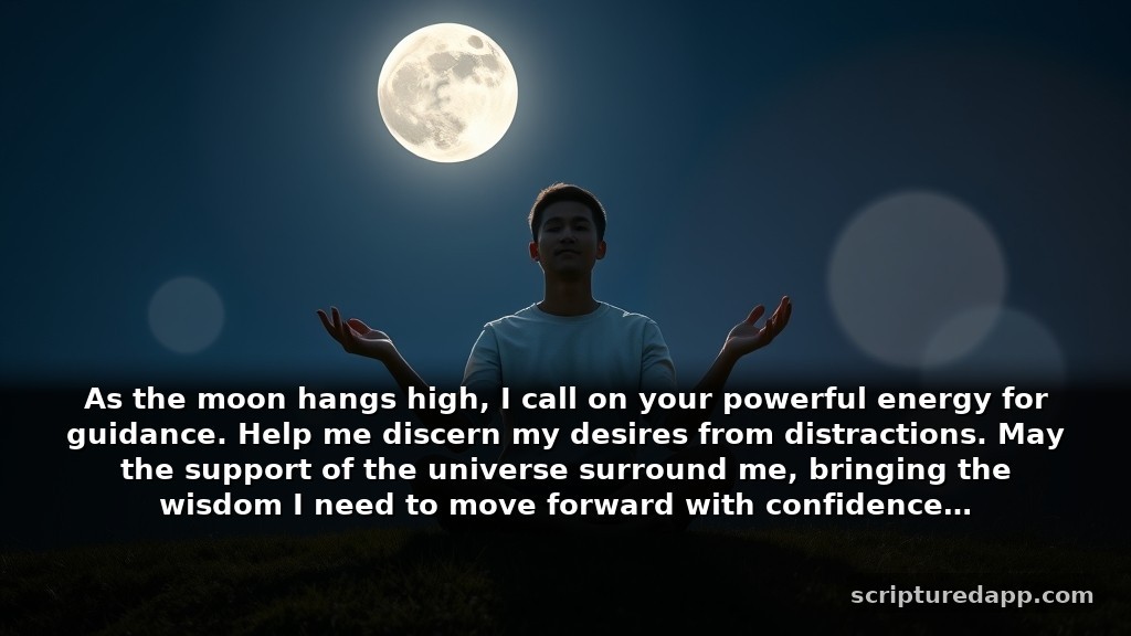 Inspiring Full Moon Prayer for Manifestation of Guidance: As the moon hangs high, I call on your powerful energy for guidance. Help me discern my desires from distractions. May the support of the universe surround me, bringing the wisdom I need to move forward with confidence.