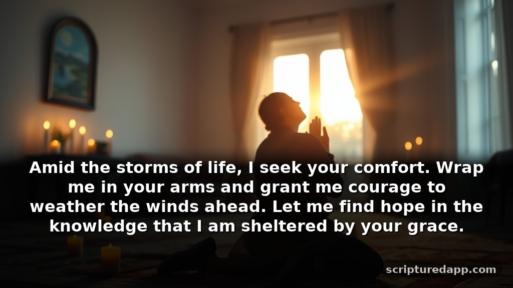 Monday Prayers for Protection in Difficult Times: Amid the storms of life, I seek your comfort. Wrap me in your arms and grant me courage to weather the winds ahead. Let me find hope in the knowledge that I am sheltered by your grace.