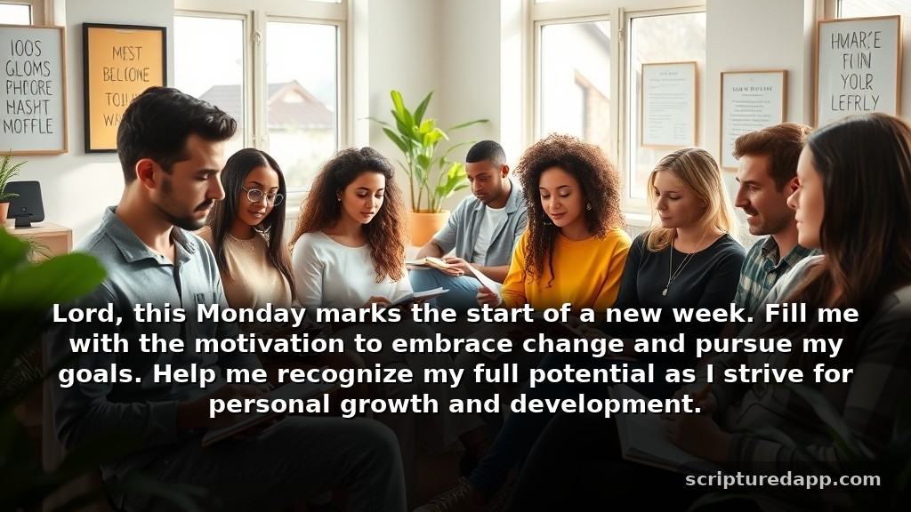 Powerful Monday Morning Prayers for Personal Growth: Lord, this Monday marks the start of a new week. Fill me with the motivation to embrace change and pursue my goals. Help me recognize my full potential as I strive for personal growth and development.