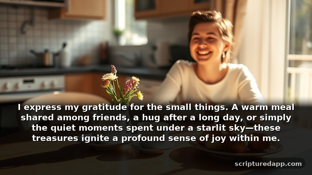 Non Denominational Prayer of Gratitude for Daily Life: I express my gratitude for the small things. A warm meal shared among friends, a hug after a long day, or simply the quiet moments spent under a starlit sky—these treasures ignite a profound sense of joy within me.