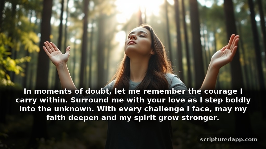 Positive Motivational Prayer for Protection During Tough Times: In moments of doubt, let me remember the courage I carry within. Surround me with your love as I step boldly into the unknown. With every challenge I face, may my faith deepen and my spirit grow stronger.