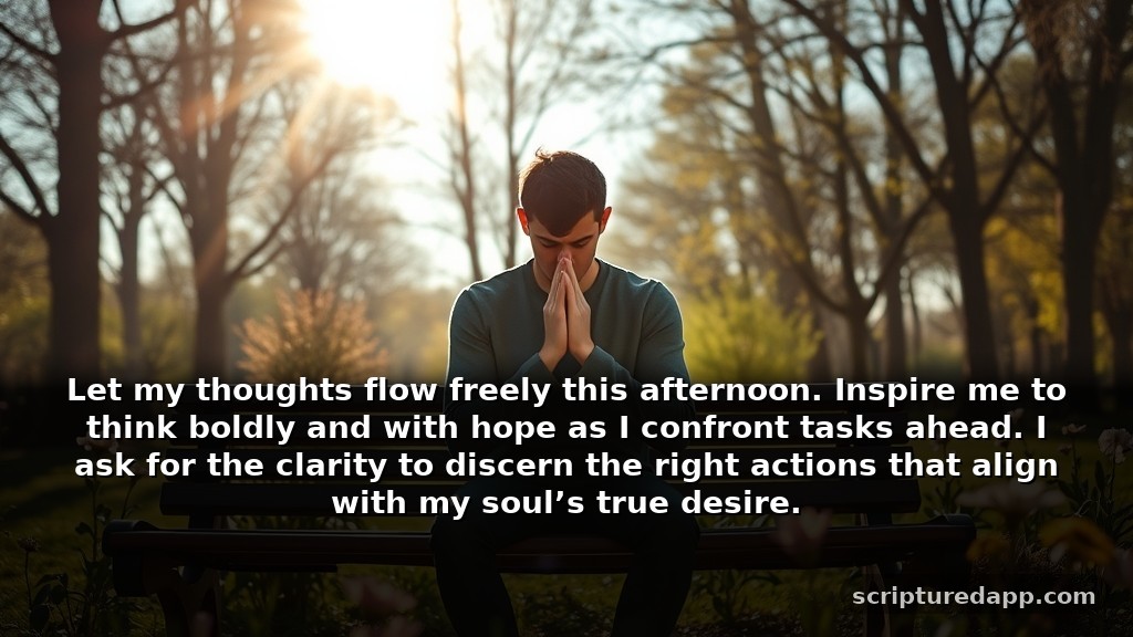 Inspiring Powerful Afternoon Prayers for Guidance: Let my thoughts flow freely this afternoon. Inspire me to think boldly and with hope as I confront tasks ahead. I ask for the clarity to discern the right actions that align with my soul’s true desire.