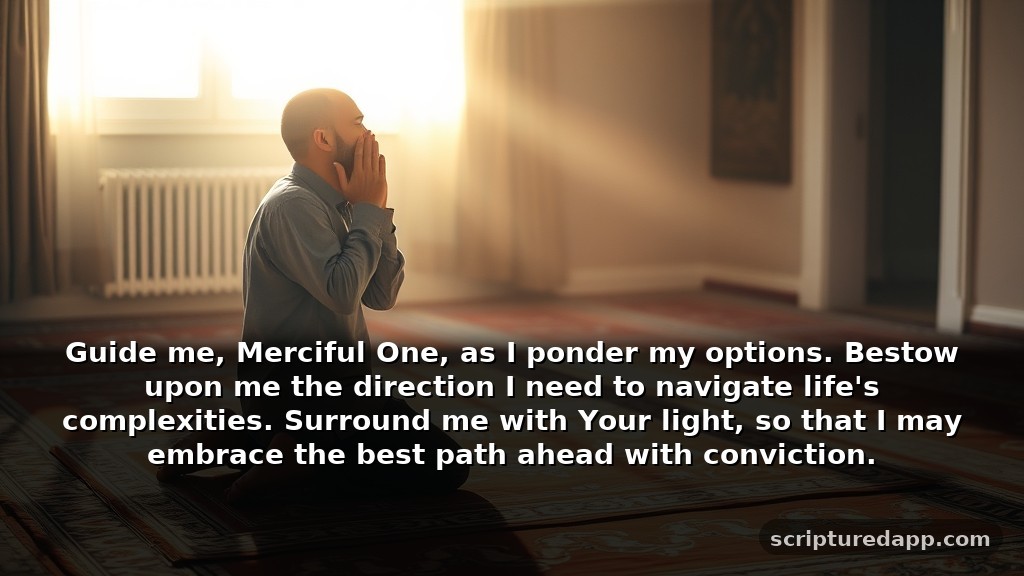 Daily Powerful Prayers in Islam for Guidance in Life Choices: Guide me, Merciful One, as I ponder my options. Bestow upon me the direction I need to navigate life's complexities. Surround me with Your light, so that I may embrace the best path ahead with conviction.