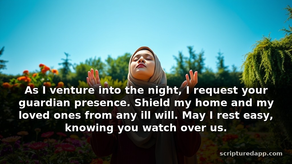Short Powerful Prayers in Islam for Protection from Harm: As I venture into the night, I request your guardian presence. Shield my home and my loved ones from any ill will. May I rest easy, knowing you watch over us.
