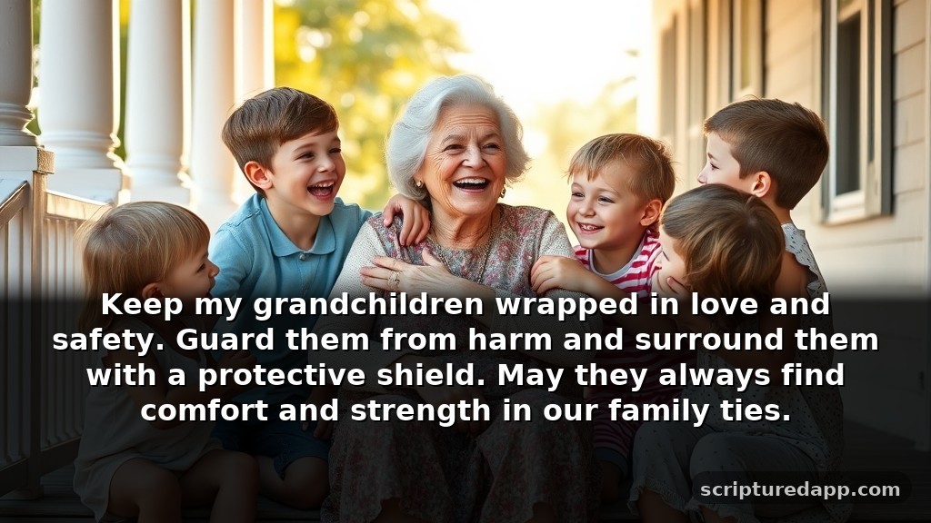 Short and Powerful Protection Prayer for Grandchildren: Keep my grandchildren wrapped in love and safety. Guard them from harm and surround them with a protective shield. May they always find comfort and strength in our family ties.