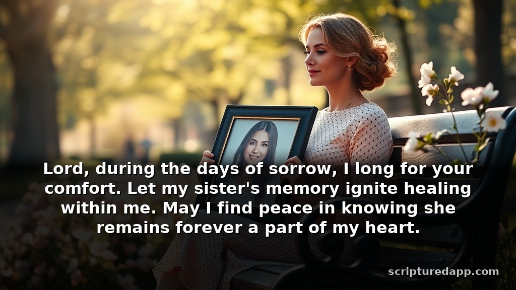 Short Prayer Comforting Loss of a Sister Condolences for Healing: Lord, during the days of sorrow, I long for your comfort. Let my sister's memory ignite healing within me. May I find peace in knowing she remains forever a part of my heart.