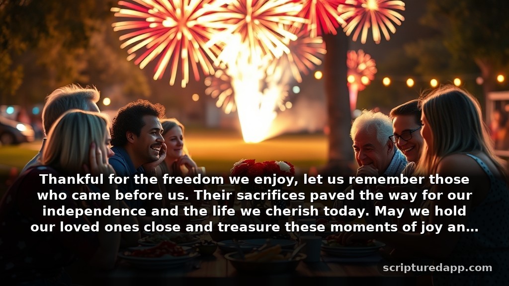 Heartfelt Prayer for 4th of July Gratitude: Thankful for the freedom we enjoy, let us remember those who came before us. Their sacrifices paved the way for our independence and the life we cherish today. May we hold our loved ones close and treasure these moments of joy and togetherness.