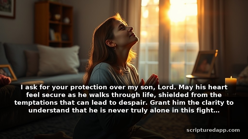 Heartfelt Prayer for an Alcoholic Son's Protection: I ask for your protection over my son, Lord. May his heart feel secure as he walks through life, shielded from the temptations that can lead to despair. Grant him the clarity to understand that he is never truly alone in this fight.