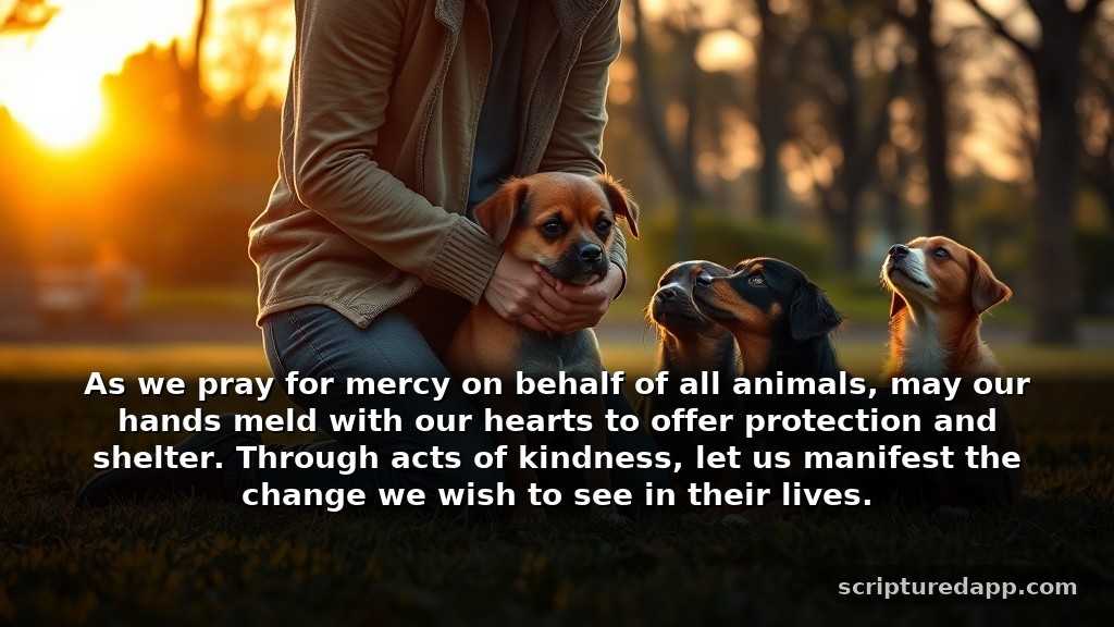 Heartfelt Prayer for Animals in Need of Protection: As we pray for mercy on behalf of all animals, may our hands meld with our hearts to offer protection and shelter. Through acts of kindness, let us manifest the change we wish to see in their lives.