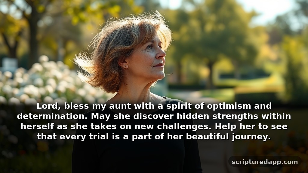 Modern Prayer for Aunt’s Growth and Strength: Lord, bless my aunt with a spirit of optimism and determination. May she discover hidden strengths within herself as she takes on new challenges. Help her to see that every trial is a part of her beautiful journey.