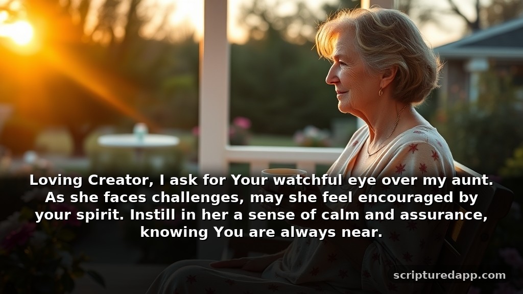 When You Need a Prayer for Aunt's Protection: Loving Creator, I ask for Your watchful eye over my aunt. As she faces challenges, may she feel encouraged by your spirit. Instill in her a sense of calm and assurance, knowing You are always near.