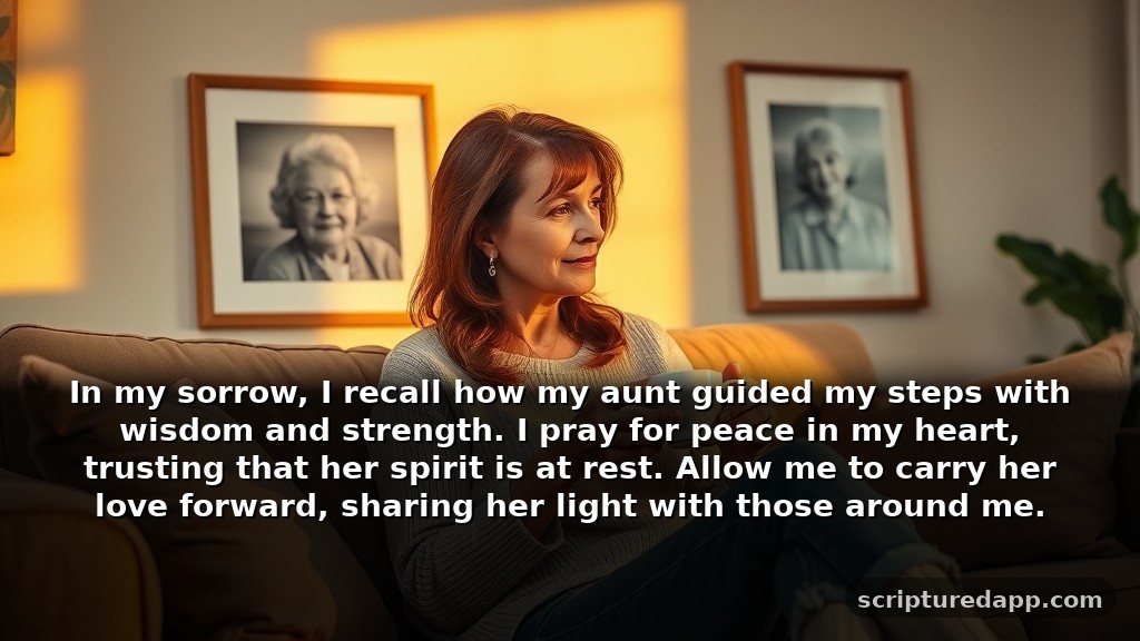Heartfelt Prayers for Aunt Who Passed Away: Finding Comfort in Grief: In my sorrow, I recall how my aunt guided my steps with wisdom and strength. I pray for peace in my heart, trusting that her spirit is at rest. Allow me to carry her love forward, sharing her light with those around me.