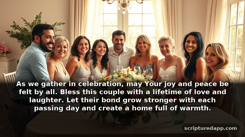 Short Prayer for Bridal Shower Blessings: As we gather in celebration, may Your joy and peace be felt by all. Bless this couple with a lifetime of love and laughter. Let their bond grow stronger with each passing day and create a home full of warmth.