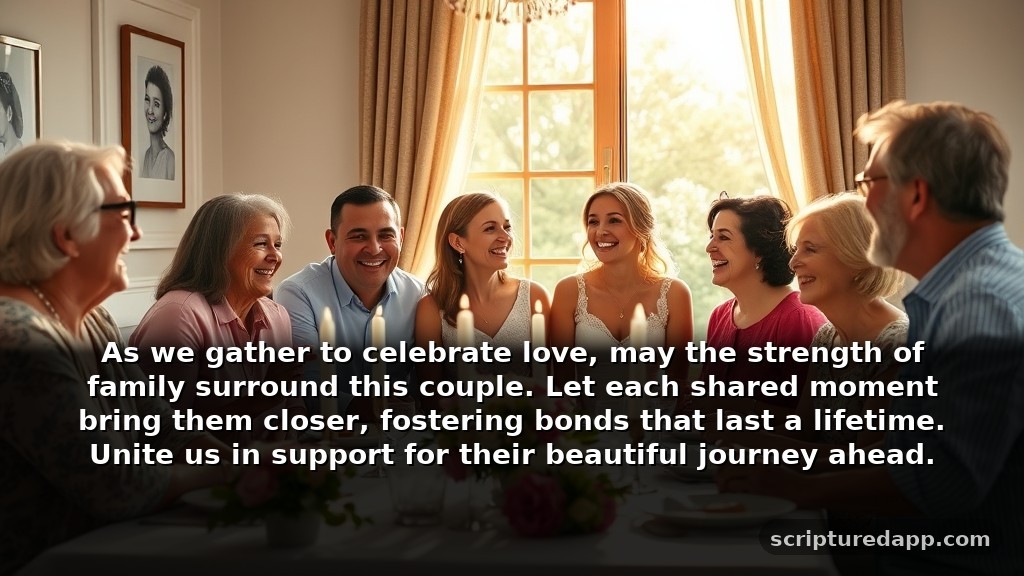 Traditional Prayer for Bridal Shower Family Unity: As we gather to celebrate love, may the strength of family surround this couple. Let each shared moment bring them closer, fostering bonds that last a lifetime. Unite us in support for their beautiful journey ahead.