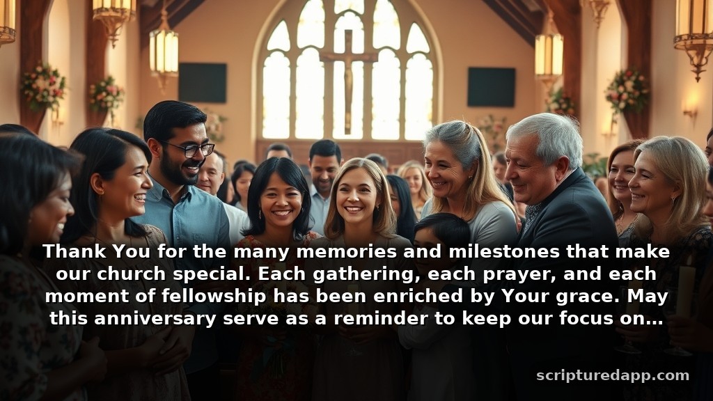 Heartfelt Prayer for Church Anniversary Celebrations: Thank You for the many memories and milestones that make our church special. Each gathering, each prayer, and each moment of fellowship has been enriched by Your grace. May this anniversary serve as a reminder to keep our focus on love and service to one another.