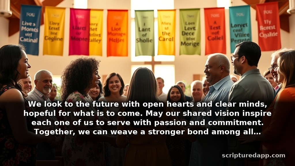 Prayer for Church Anniversary Reflecting on Growth: We look to the future with open hearts and clear minds, hopeful for what is to come. May our shared vision inspire each one of us to serve with passion and commitment. Together, we can weave a stronger bond among all.