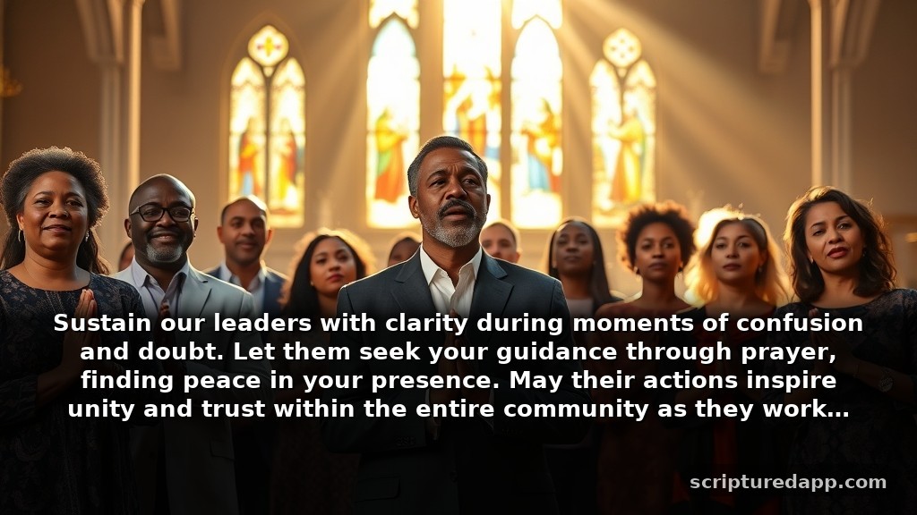 Heartfelt Prayer for Church Leaders Facing Difficult Seasons: Sustain our leaders with clarity during moments of confusion and doubt. Let them seek your guidance through prayer, finding peace in your presence. May their actions inspire unity and trust within the entire community as they work together to thrive.