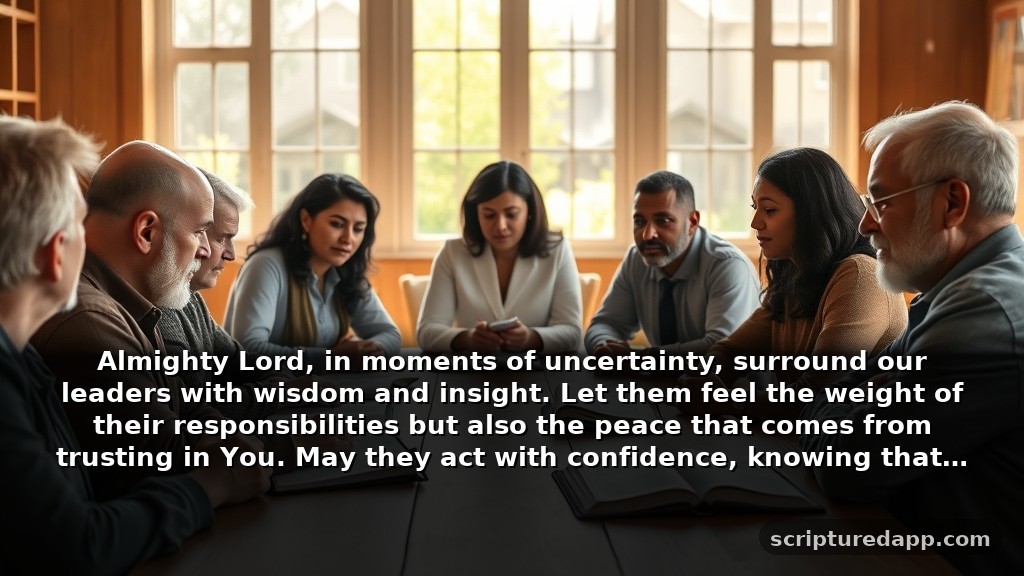 Prayer for Guidance for Church Leaders in Decision Making: Almighty Lord, in moments of uncertainty, surround our leaders with wisdom and insight. Let them feel the weight of their responsibilities but also the peace that comes from trusting in You. May they act with confidence, knowing that they are not alone in their journey.