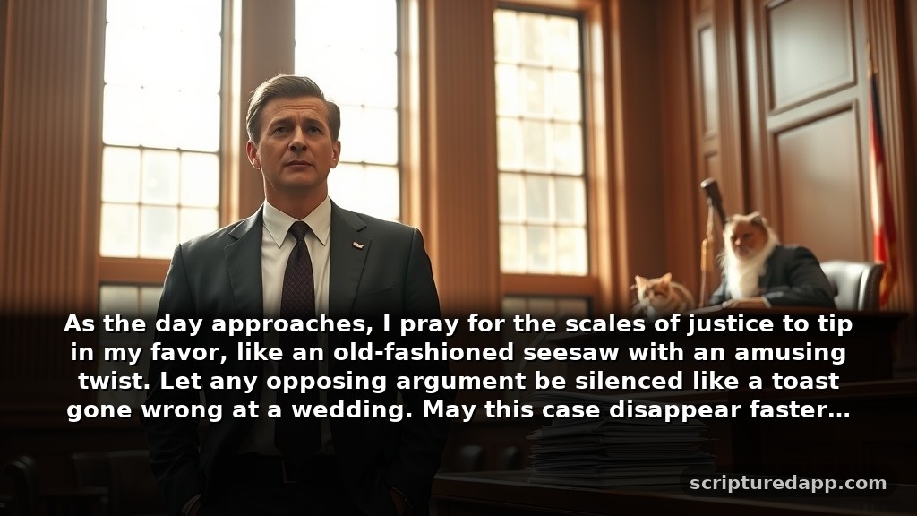 Clever Prayers for Court Case to be Dismissed: As the day approaches, I pray for the scales of justice to tip in my favor, like an old-fashioned seesaw with an amusing twist. Let any opposing argument be silenced like a toast gone wrong at a wedding. May this case disappear faster than socks in a laundromat.
