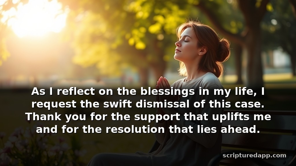 Prayer for Court Case to be Dismissed with Gratitude: As I reflect on the blessings in my life, I request the swift dismissal of this case. Thank you for the support that uplifts me and for the resolution that lies ahead.