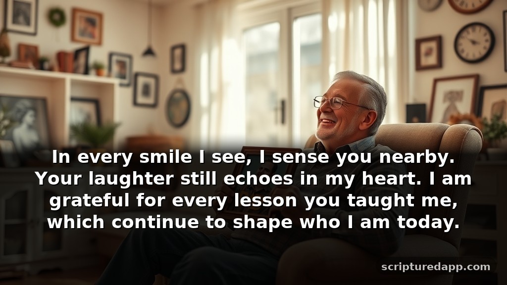 Prayer for Dad in Heaven to Show Gratitude: In every smile I see, I sense you nearby. Your laughter still echoes in my heart. I am grateful for every lesson you taught me, which continue to shape who I am today.