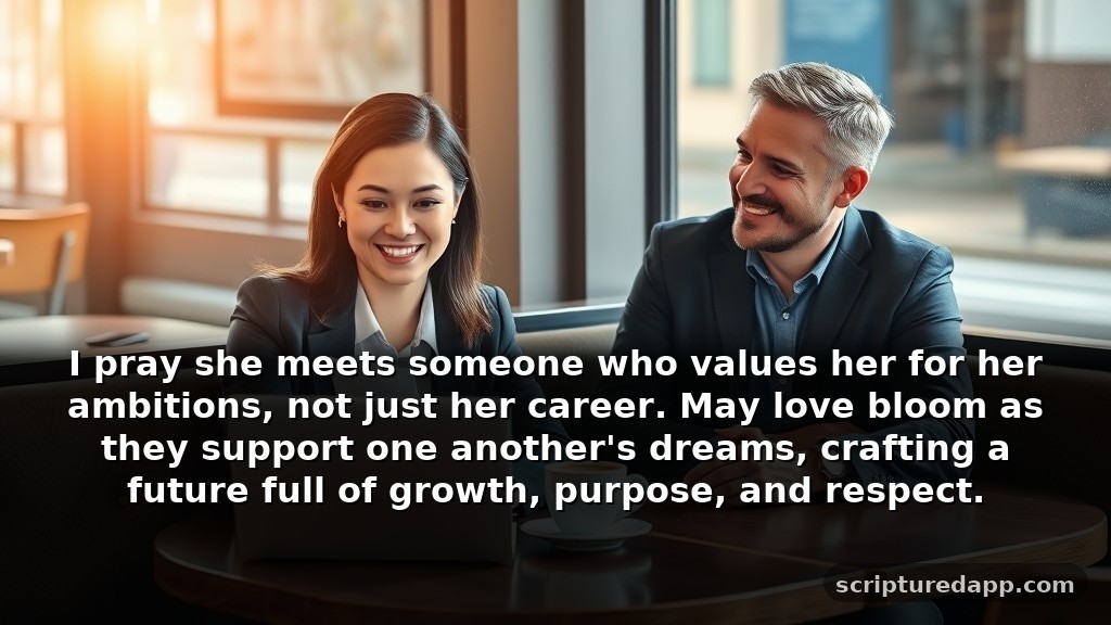 Prayer for Daughter to Find the Right Man While Navigating Career Changes: I pray she meets someone who values her for her ambitions, not just her career. May love bloom as they support one another's dreams, crafting a future full of growth, purpose, and respect.