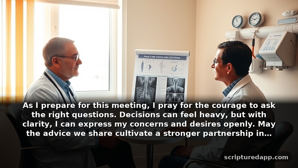 Prayer for Doctors Appointment to Offer Guidance in Treatment Decisions: As I prepare for this meeting, I pray for the courage to ask the right questions. Decisions can feel heavy, but with clarity, I can express my concerns and desires openly. May the advice we share cultivate a stronger partnership in managing my health.