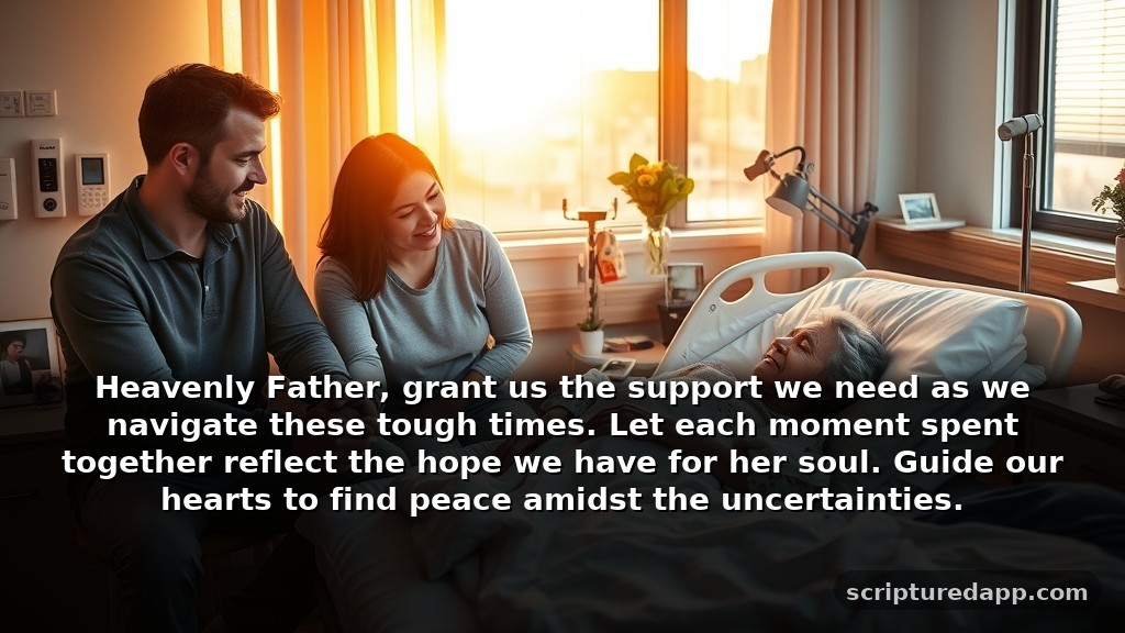 Guidance Prayer for Dying Mother Through Tough Times: Heavenly Father, grant us the support we need as we navigate these tough times. Let each moment spent together reflect the hope we have for her soul. Guide our hearts to find peace amidst the uncertainties.