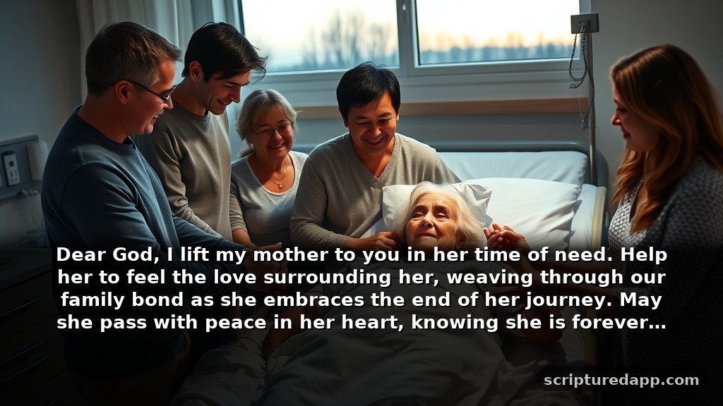 Heartfelt Prayer for Dying Mother Seeking Comfort: Dear God, I lift my mother to you in her time of need. Help her to feel the love surrounding her, weaving through our family bond as she embraces the end of her journey. May she pass with peace in her heart, knowing she is forever cherished.