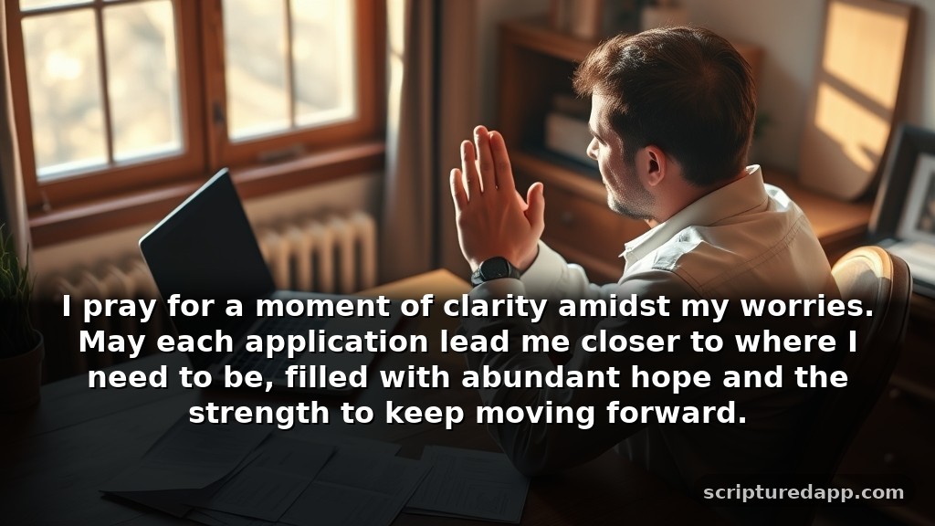 Short Prayer for Employment Breakthrough During Tough Times: I pray for a moment of clarity amidst my worries. May each application lead me closer to where I need to be, filled with abundant hope and the strength to keep moving forward.