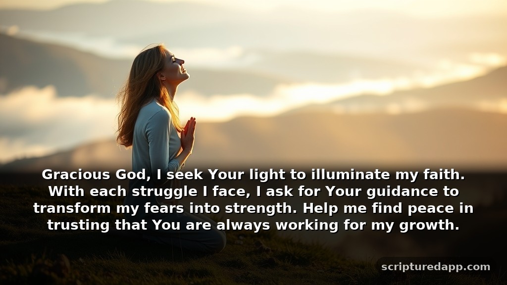 Powerful Prayer for Faith and Growth: Gracious God, I seek Your light to illuminate my faith. With each struggle I face, I ask for Your guidance to transform my fears into strength. Help me find peace in trusting that You are always working for my growth.
