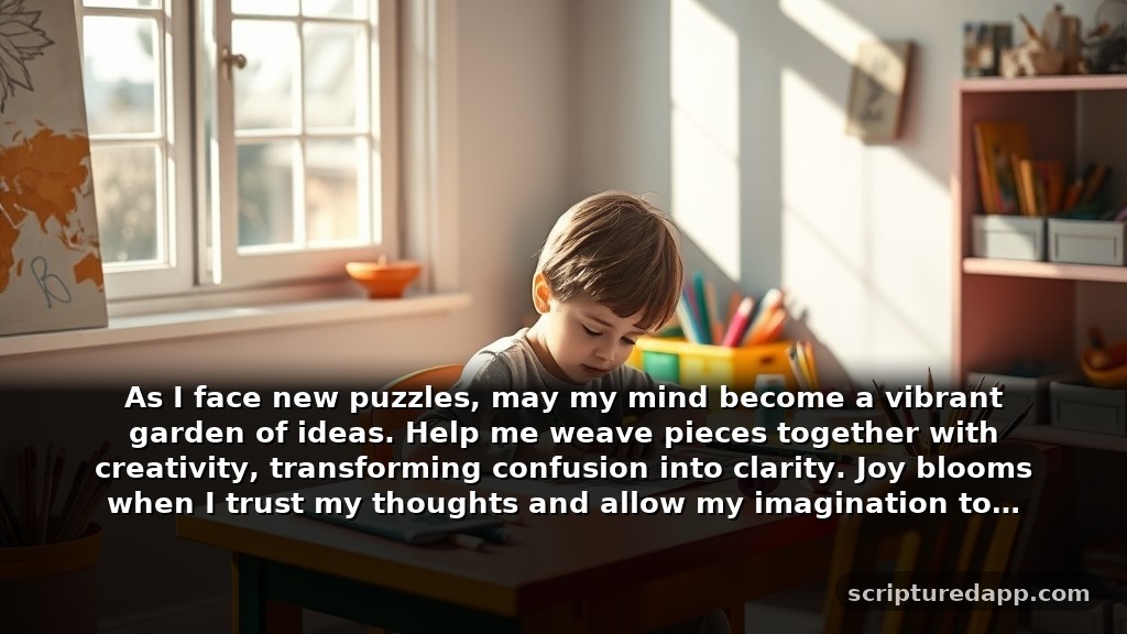 Clever Prayer for Focus and Strength for Kids: As I face new puzzles, may my mind become a vibrant garden of ideas. Help me weave pieces together with creativity, transforming confusion into clarity. Joy blooms when I trust my thoughts and allow my imagination to flourish.