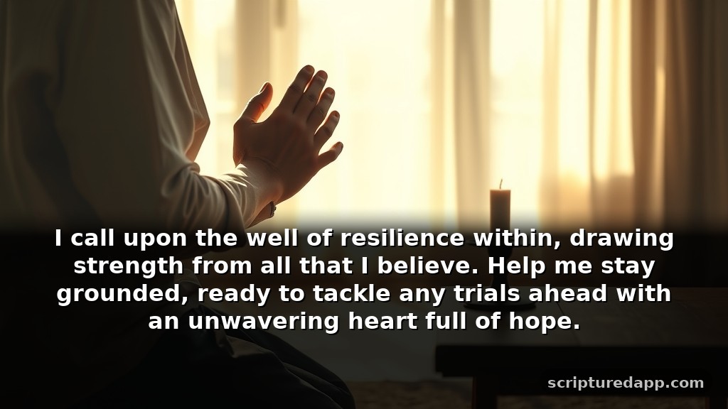 Heartfelt Prayer for Focus and Strength During Difficult Times: I call upon the well of resilience within, drawing strength from all that I believe. Help me stay grounded, ready to tackle any trials ahead with an unwavering heart full of hope.