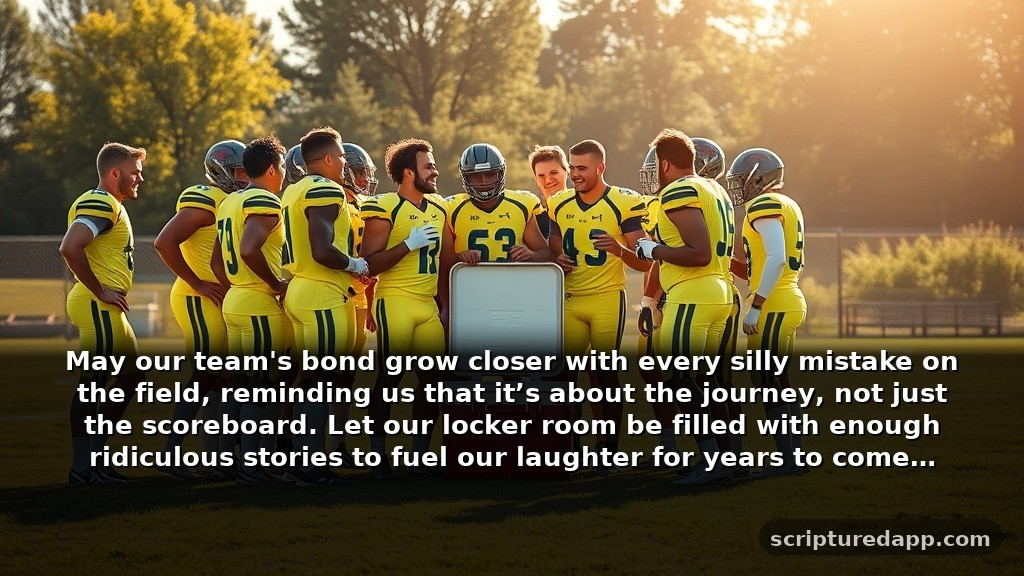 Funny Prayer for Football Players’ **Teammates**: May our team's bond grow closer with every silly mistake on the field, reminding us that it’s about the journey, not just the scoreboard. Let our locker room be filled with enough ridiculous stories to fuel our laughter for years to come.