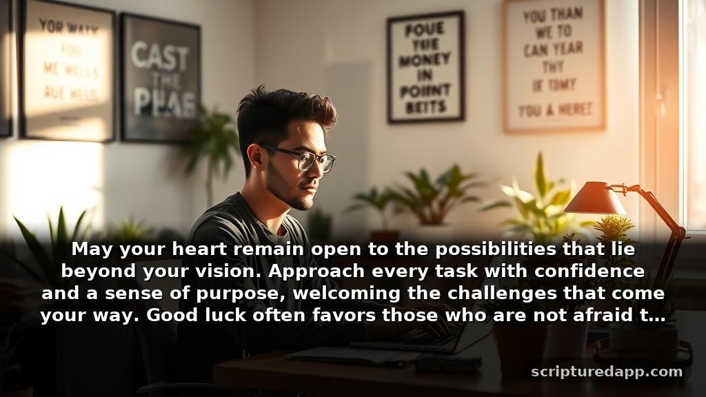 Heartfelt Prayer for Good Luck and Success in Work: May your heart remain open to the possibilities that lie beyond your vision. Approach every task with confidence and a sense of purpose, welcoming the challenges that come your way. Good luck often favors those who are not afraid to step outside their comfort zones.